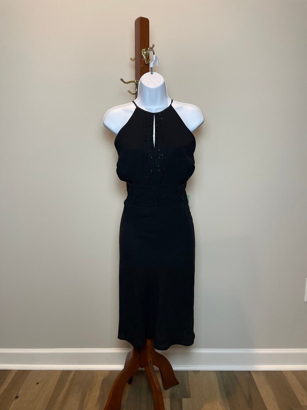 Dawn Joy Evening Black Beaded Dress Size 14 Keyhole Open Back New With Tag